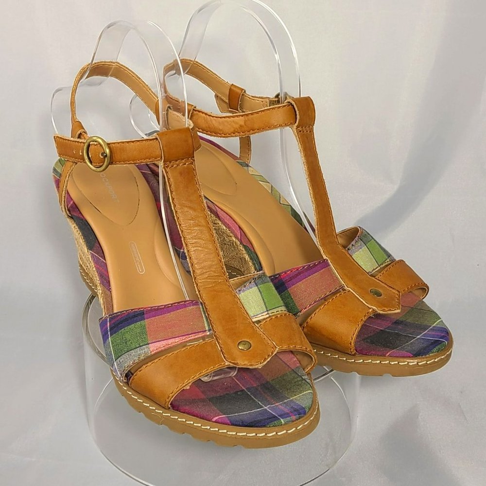 Rockport Garden Court Perf T-Strap Leather Women Wedge Sandals Size 9.5 Plaid